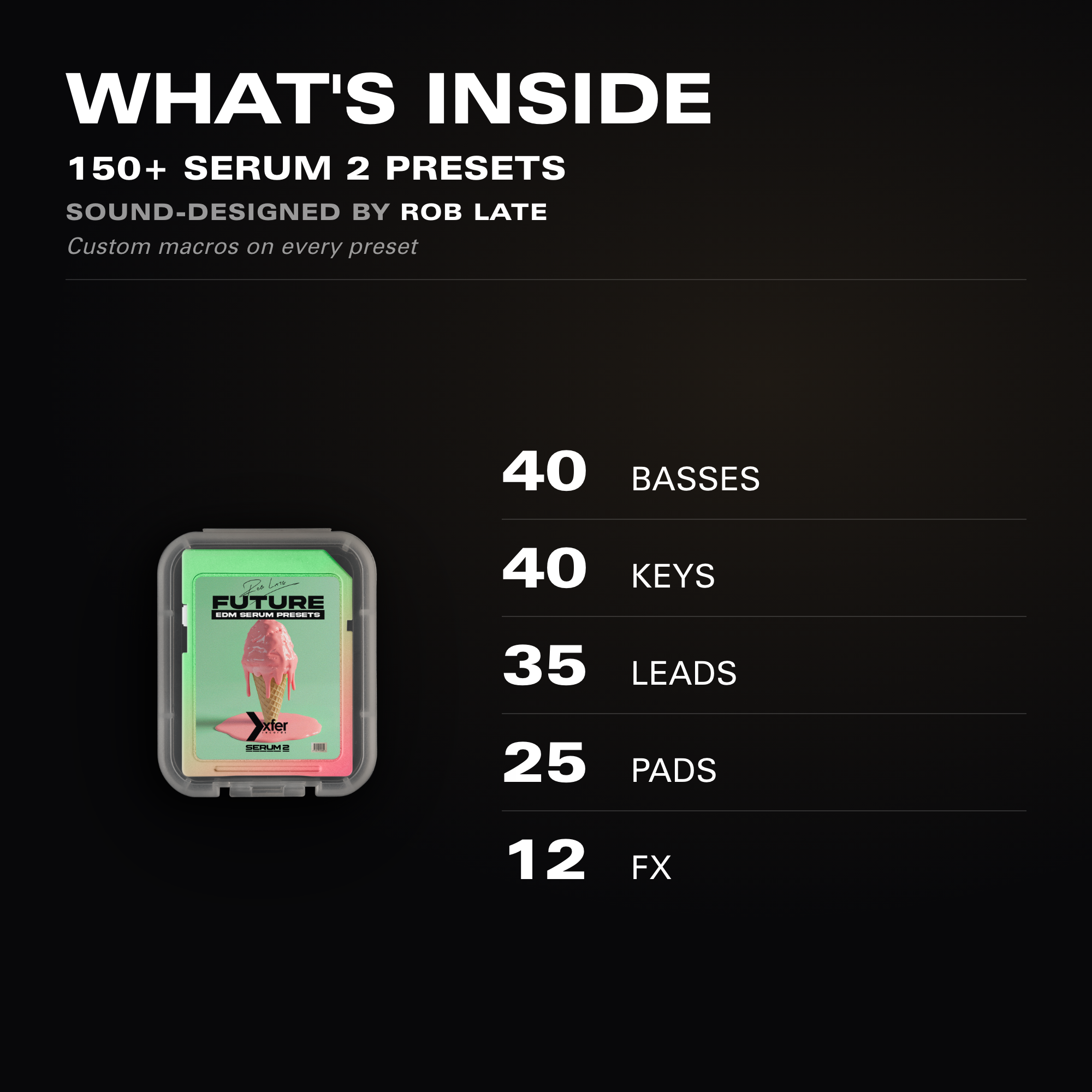 What's inside Future: 152 Serum 2 presets across leads, basses, keys, pads and FX